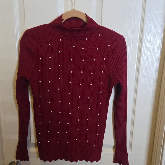 Ling Fashion Sweaters - Elegant Burgundy Sweater with Pearl Accents